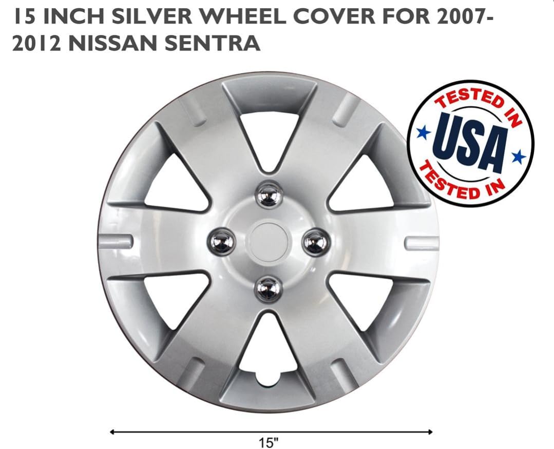 New Wheel Covers Hubcaps Replacements Fits 2007-2012 Nissan Sentra; 15 Inch; 6 Spoke; Silver Color; Plastic; Set of 4; Standard Leg