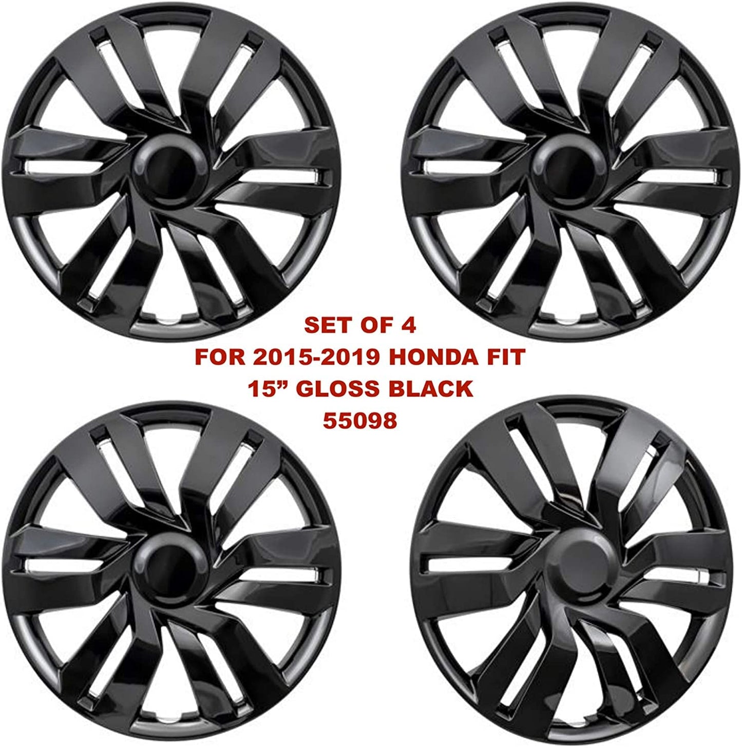 New Wheel Covers Hubcaps Fits 2015-2019 Honda Fit; 15 Inch; 6 Double Spoke; Gloss Black; Plastic; Set of 4