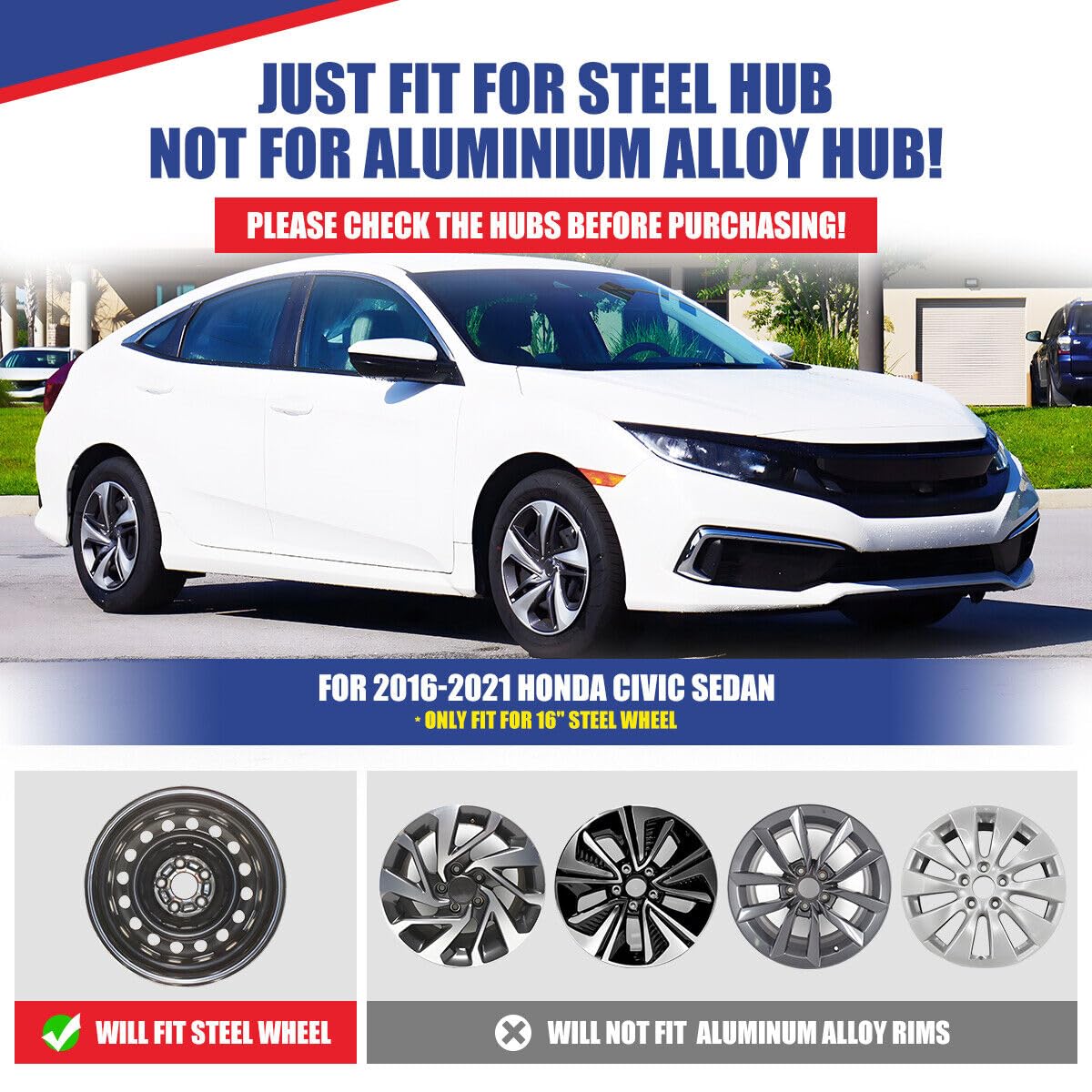 Hubcaps Replica, Replacement for Honda Civic 2019-2021, 16-inch Replica Silver and Charcoal, Wheel Covers (4 Pieces) 55103