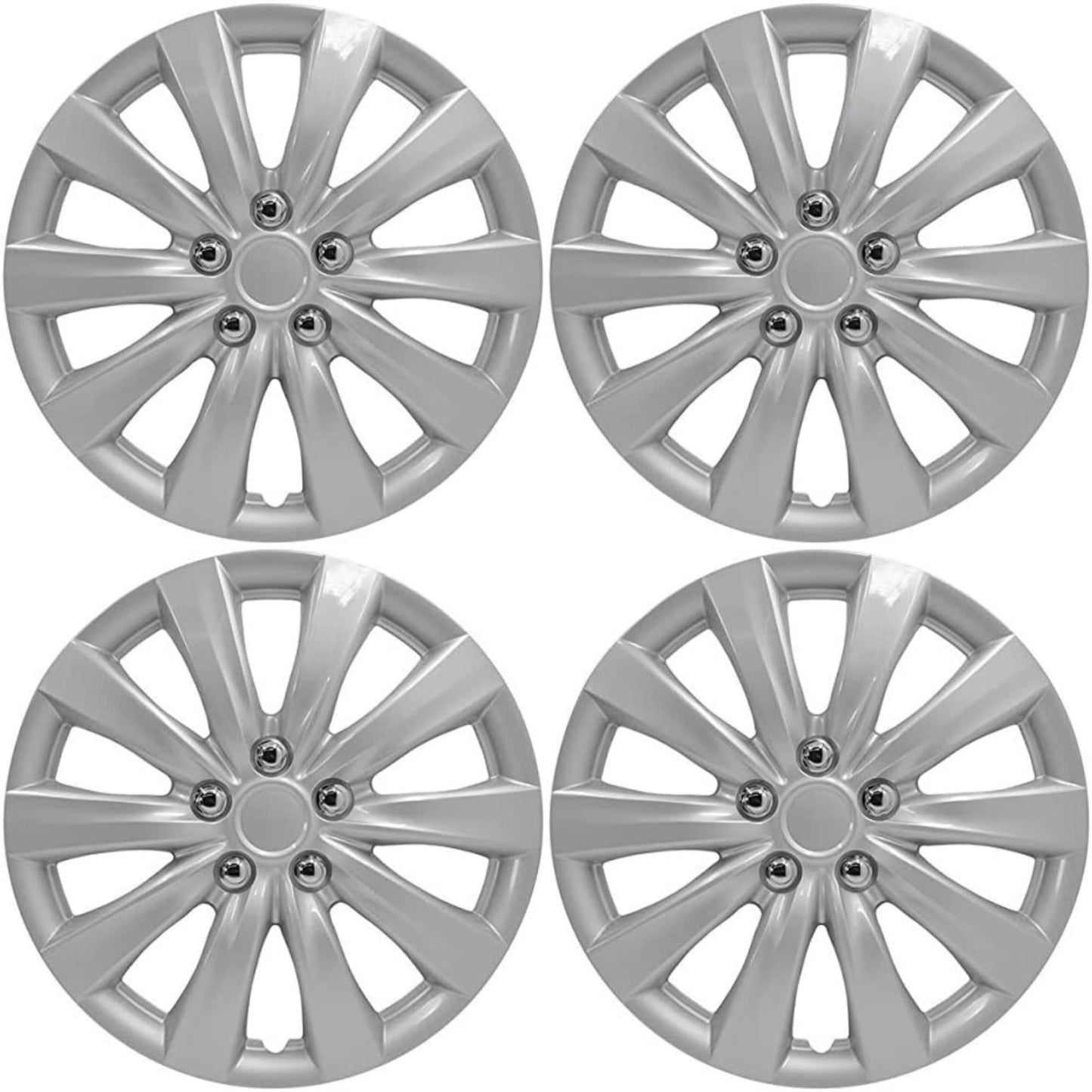 Wheel Covers Hubcaps; 16 Inch; 10 Spoke; Silver Color; Plastic; Set of 4; Standard Leg