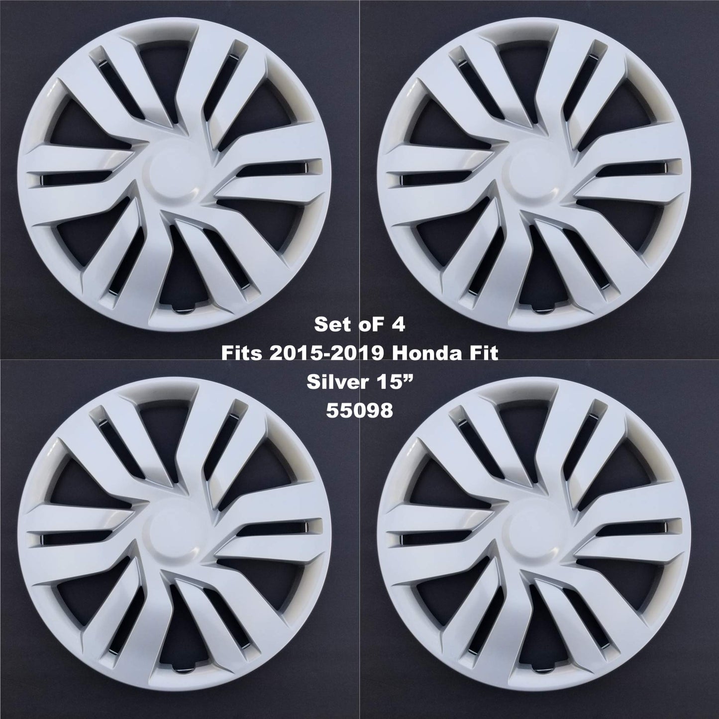 New Wheel Covers Hubcaps Fits 2015-2019 Honda Fit; 15 Inch; 6 Double Spoke; Silver Color; Plastic; Set of 4