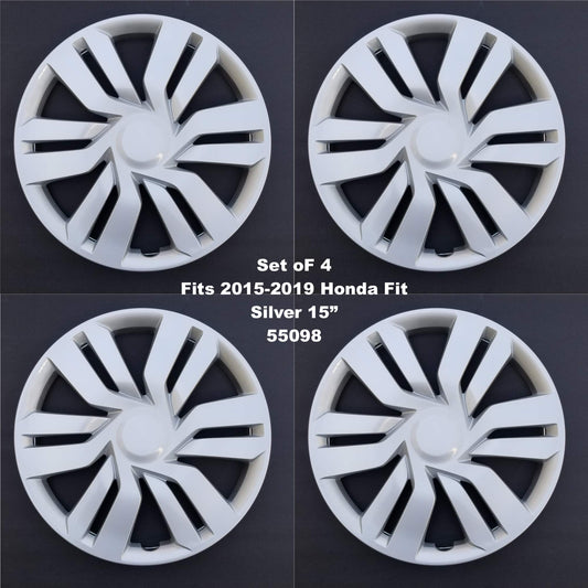New Wheel Covers Hubcaps Fits 2015-2019 Honda Fit; 15 Inch; 6 Double Spoke; Silver Color; Plastic; Set of 4