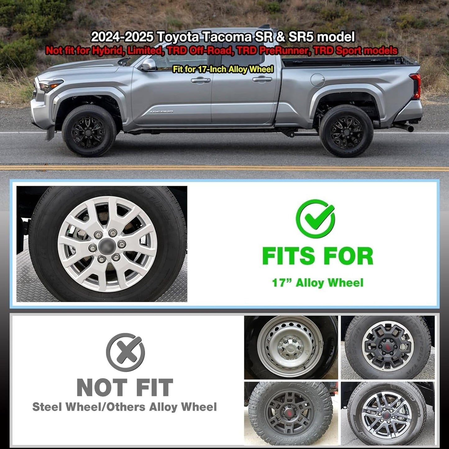17-Inch Chrome and Black Wheel Skins for 2024-2025 Toyota Tacoma SR5, 4-Piece Rim Covers, Vehicle Specific Fit