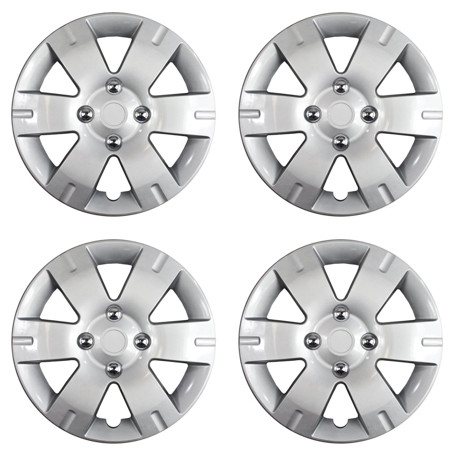 New Wheel Covers Hubcaps Replacements Fits 2007-2012 Nissan Sentra; 15 Inch; 6 Spoke; Silver Color; Plastic; Set of 4; Standard Leg