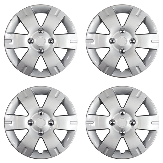 New Wheel Covers Hubcaps Replacements Fits 2007-2012 Nissan Sentra; 15 Inch; 6 Spoke; Silver Color; Plastic; Set of 4; Standard Leg