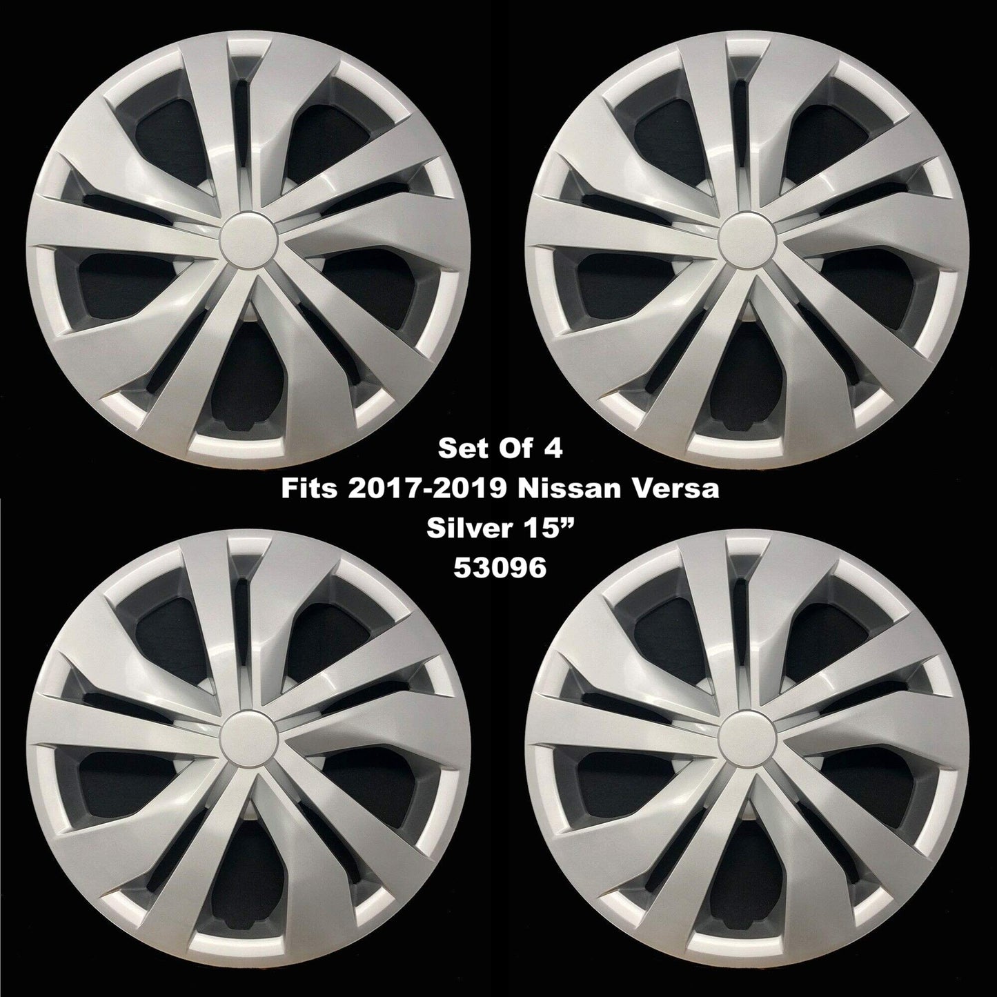 New Wheel Covers Hubcaps Fits 2017-2019 Nissan Versa; 15 Inch; 5 Double Spoke; Silver Color; Plastic; Set of 4