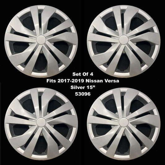 New Wheel Covers Hubcaps Fits 2017-2019 Nissan Versa; 15 Inch; 5 Double Spoke; Silver Color; Plastic; Set of 4