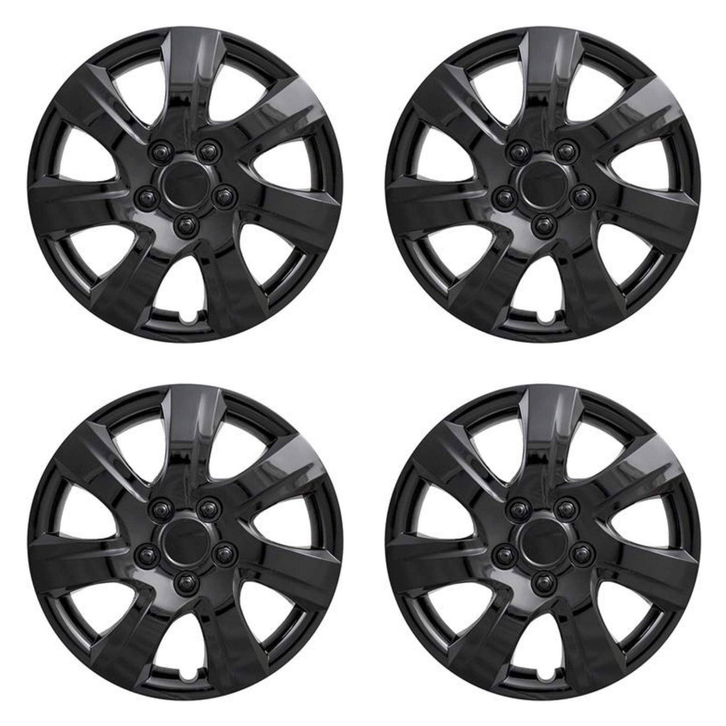 New Wheel Covers Hubcaps Fits 2010-2011 Toyota Camry; 16 Inch; 7 Spoke; Gloss Black; Plastic; Set of 4; Spring Steel Clip; These are not a Bolt-on hubcaps