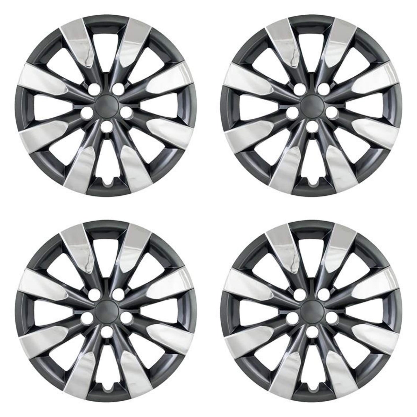 New Wheel Covers Replacements Fits 2014-2018 Toyota Corolla; 16 Inch; 8 Spoke; Chrome Plated/Charcoal; Plastic; Set of 4; Standard Leg
