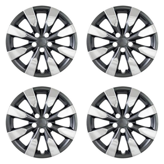 New Wheel Covers Replacements Fits 2014-2018 Toyota Corolla; 16 Inch; 8 Spoke; Chrome Plated/Charcoal; Plastic; Set of 4; Standard Leg