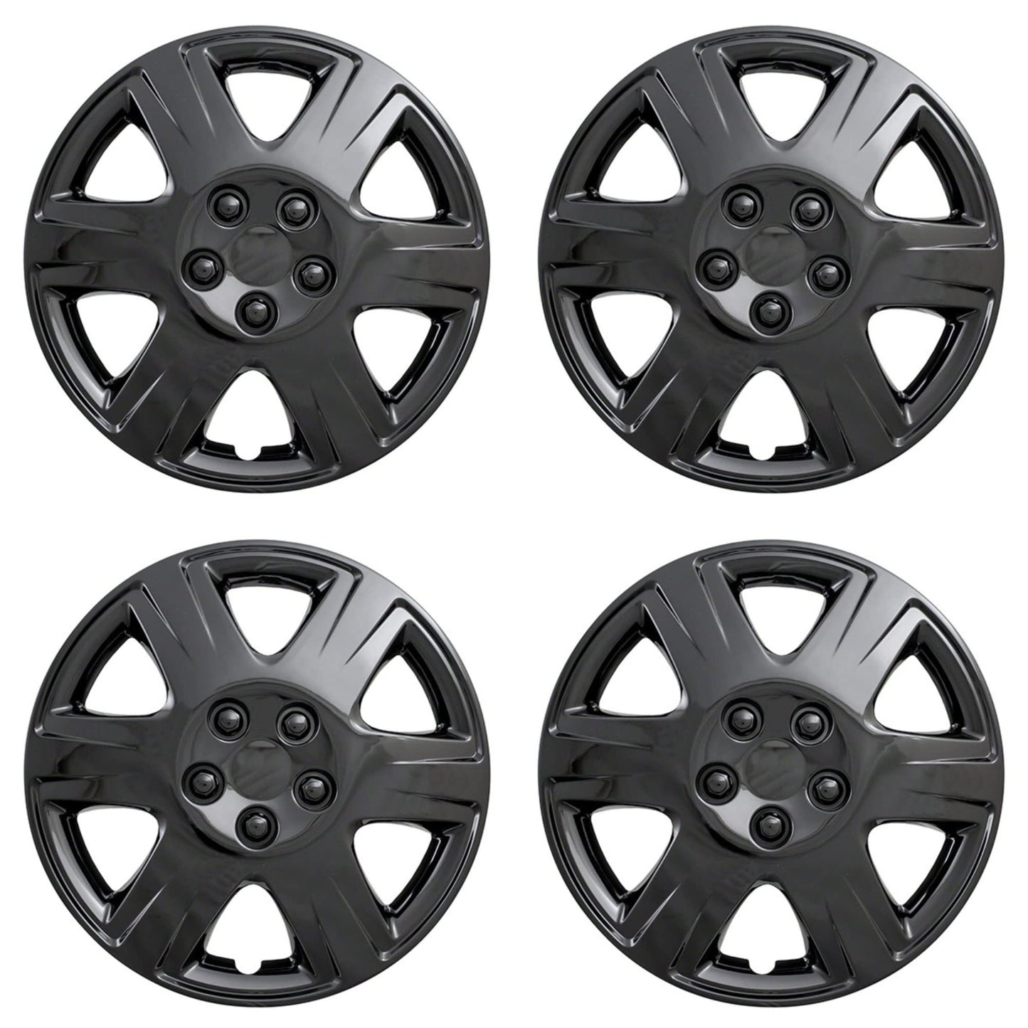 New Wheel Covers Hubcaps Fits 2005-2009 Toyota Corolla; 15 Inch; 6 Spoke; Gloss Black; Plastic; Set of 4; Spring Steel Clip