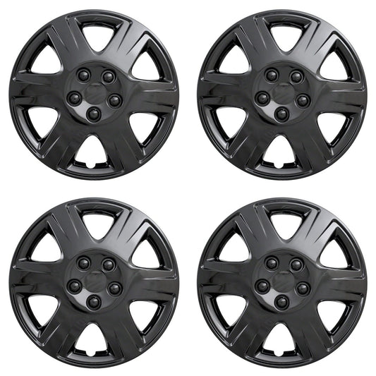 New Wheel Covers Hubcaps Fits 2005-2009 Toyota Corolla; 15 Inch; 6 Spoke; Gloss Black; Plastic; Set of 4; Spring Steel Clip