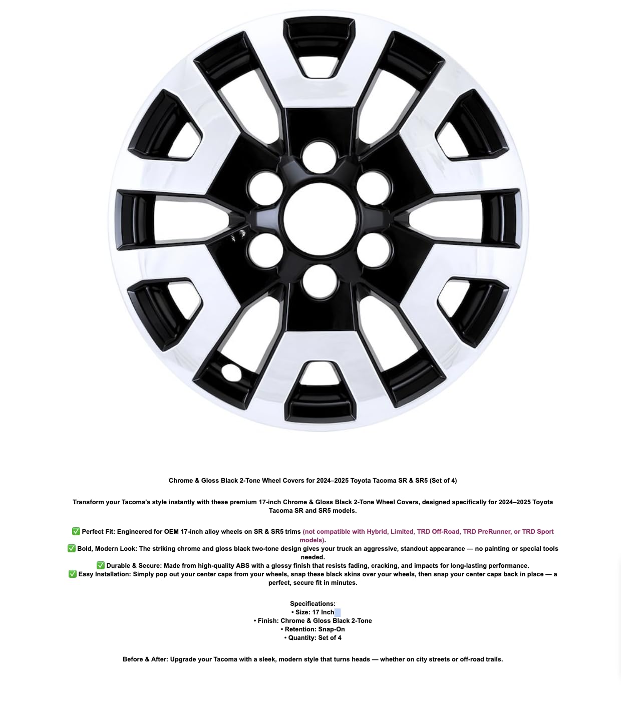 17-Inch Chrome and Black Wheel Skins for 2024-2025 Toyota Tacoma SR5, 4-Piece Rim Covers, Vehicle Specific Fit