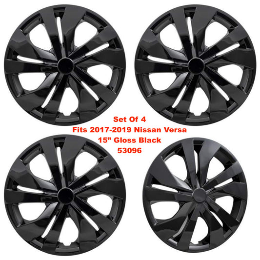 New Wheel Covers Hubcaps Fits 2017-2025 Nissan Versa; 15 Inch; 5 Double Spoke; Gloss Black; Plastic; Set of 4