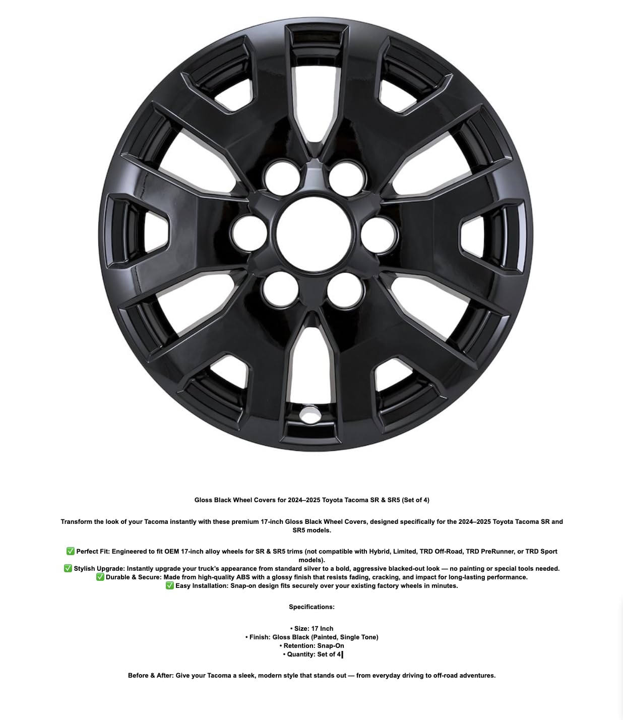 Gloss Black Wheel Skins, 17 Inch Snap-On Covers for Toyota Tacoma SR5 2024-2025, 4-Piece Set