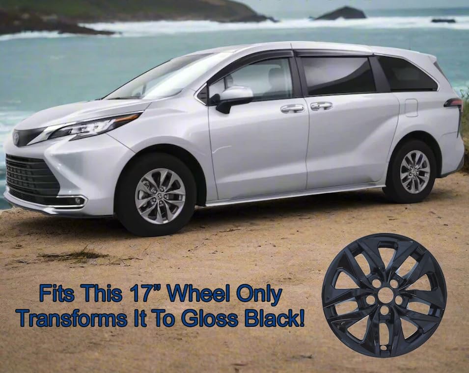 MARROW 17-Inch Gloss Black Wheel Skins, ABS Plastic Covers for 2021-2025 Toyota Sienna LE/XLE, 4-Piece Set, Snap-On Installation