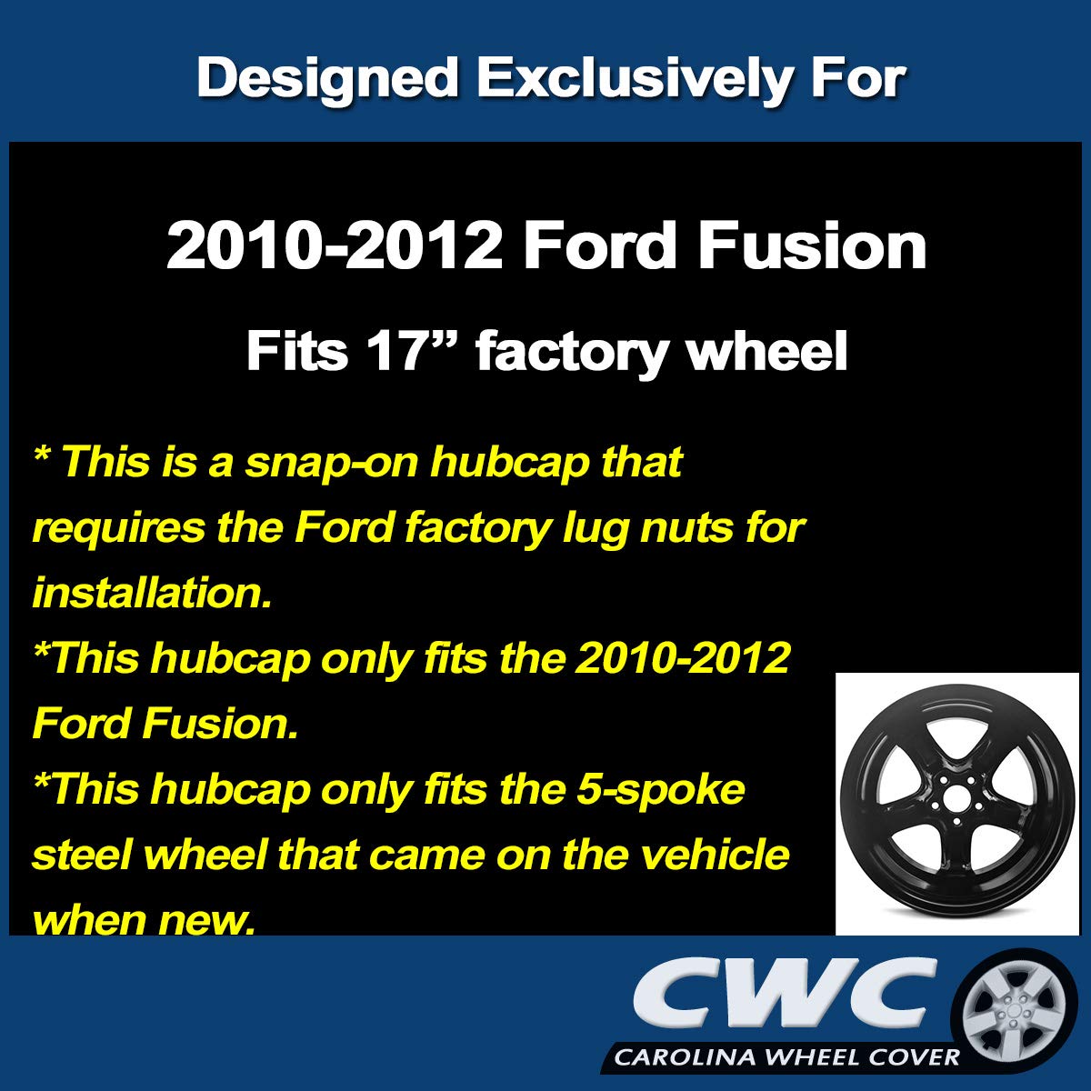 Premium Replica Hubcap, Replacement for Ford Fusion 2010-2012, 17-inch Wheel Cover (1-Piece)