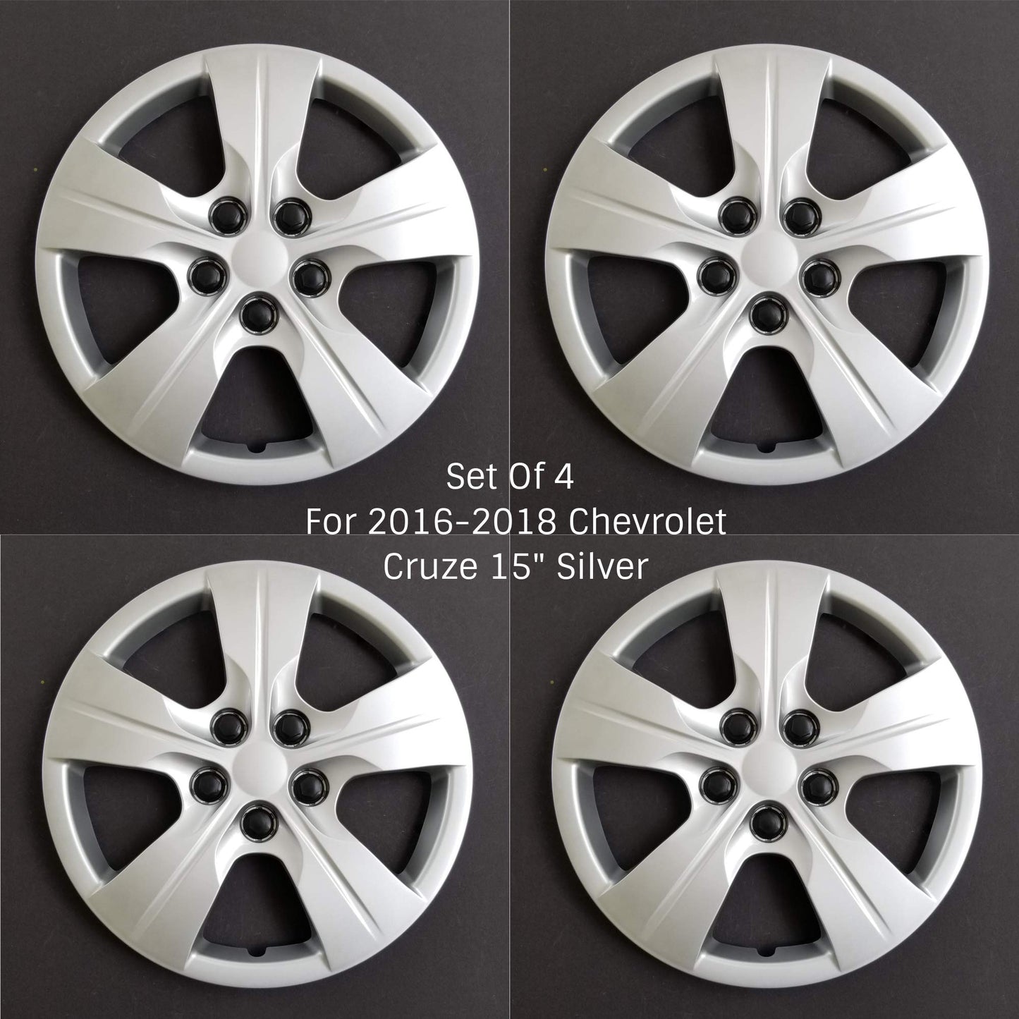 New Wheel Covers Hubcaps Fits 2016-2018 Chevrolet Cruze; 15 Inch; 5 Spoke; Silver Color; Plastic; Set of 4