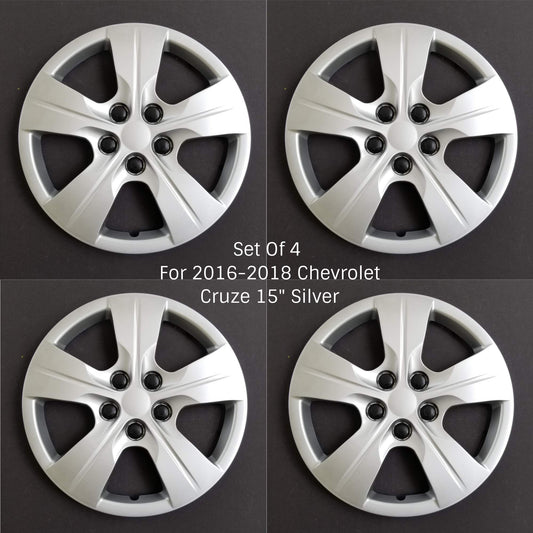 New Wheel Covers Hubcaps Fits 2016-2018 Chevrolet Cruze; 15 Inch; 5 Spoke; Silver Color; Plastic; Set of 4