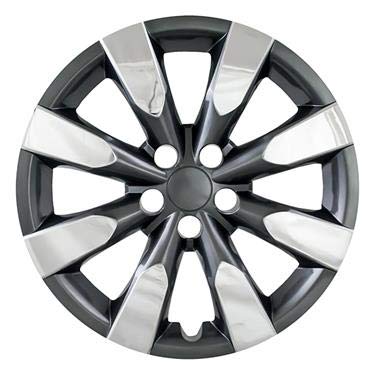 New Wheel Covers Replacements Fits 2014-2018 Toyota Corolla; 16 Inch; 8 Spoke; Chrome Plated/Charcoal; Plastic; Set of 4; Standard Leg