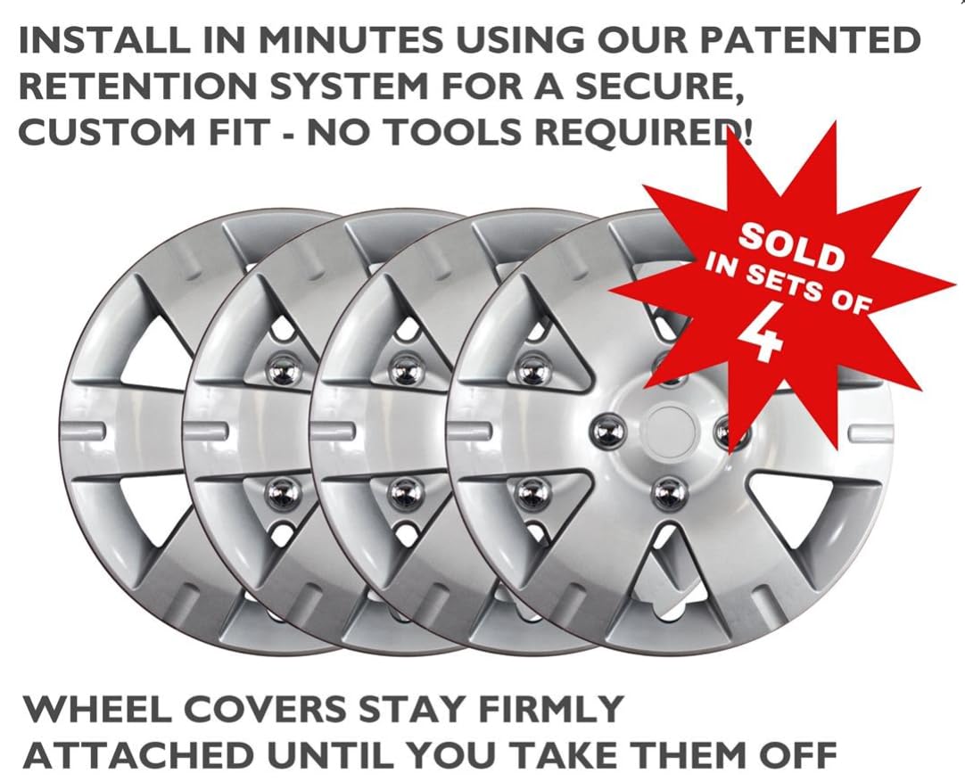 New Wheel Covers Hubcaps Replacements Fits 2007-2012 Nissan Sentra; 15 Inch; 6 Spoke; Silver Color; Plastic; Set of 4; Standard Leg
